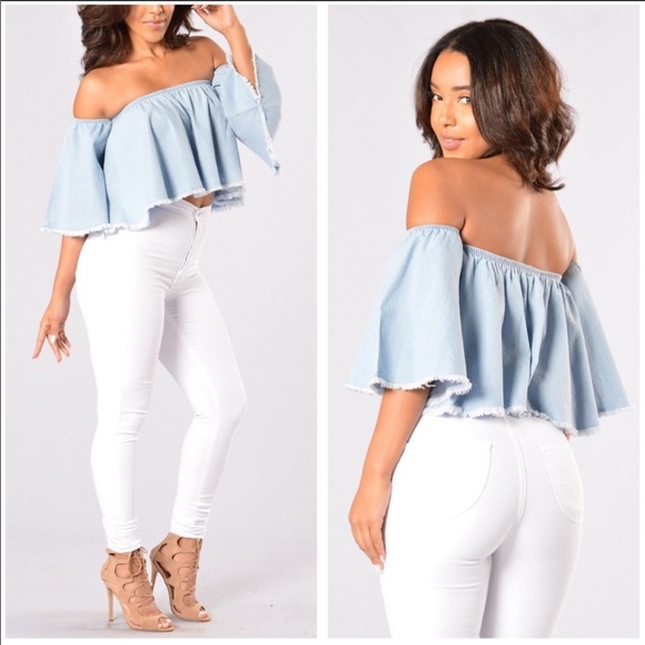 Fashion Nova Light Denim Off Shoulder Top - Picture 2 of 6